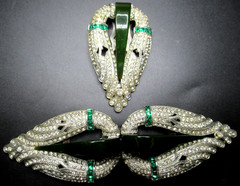 Amazing Art Deco Rhinestone Green BAKELITE Dress Clip Buckle Set