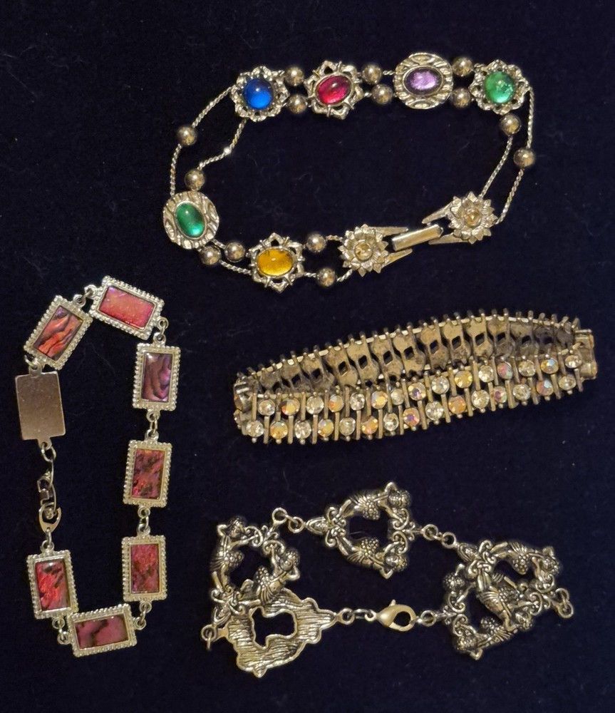 Vintage Costume Bracelet Lot 4 Wearable Rhinestone Lucite Figural Retro Vintage