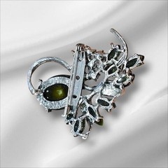 Vintage Style Lime Green Floral Brooch Silver Tone Rhinestone Botanical Pin