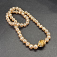 Vintage Champagne Faux Pearl Strand Necklace Gold Tone Rhinestone Filigree Clasp