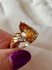 VINTAGE SOLID 14K YELLOW GOLD MARQUISE NAVETTE GOLDEN HONEY CITRINE DIAMOND RING