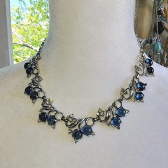 Vintage Blueberry Tutti Fruitti Cabochon & Clear Rhinetone Necklace Silver Toned