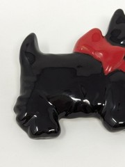Vintage Scottie Dog Brooch Black Enamel Red Bow Flying Colors Figural Pin