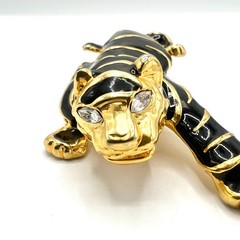Vintage Black Enamel Tiger/Panther Brooch With Clear Rhinestone Eyes – 4.25″
