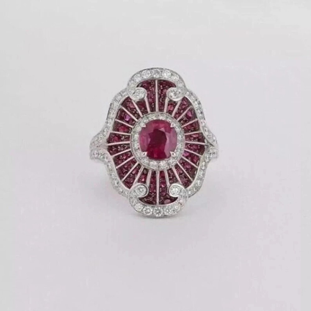 Art Deco Style Ruby & Lab Created Diamond 14k White Gold FN Wedding Gift Ring