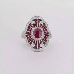Art Deco Style Ruby & Lab Created Diamond 14k White Gold FN Wedding Gift Ring