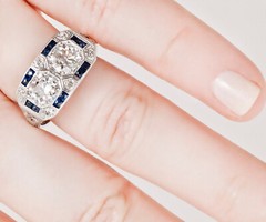 Art Deco Style Lab Created Diamond & Sapphire Engagement 14K White Gold FN Ring