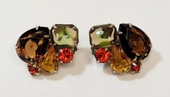 Vintage Orange Yellow Green Givre Amber Rhinestone Earrings Caviness?