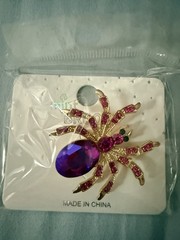 Fuchsia Rhinestone Gold Tone Spider Brooch