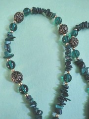 Vintage MALACHITE STONES & Green Glass Beaded Necklace in Silver Tone