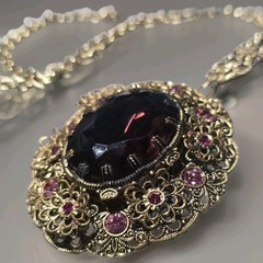 Vintage West Germany Ornate Flower Rhinestone Filigree Necklace Purple Amethyst