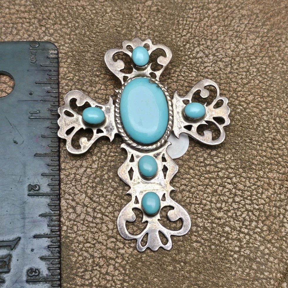 W R Sterling Silver Turquoise Cross Brooch 5 Oval Stones old pawn Indian jewlery