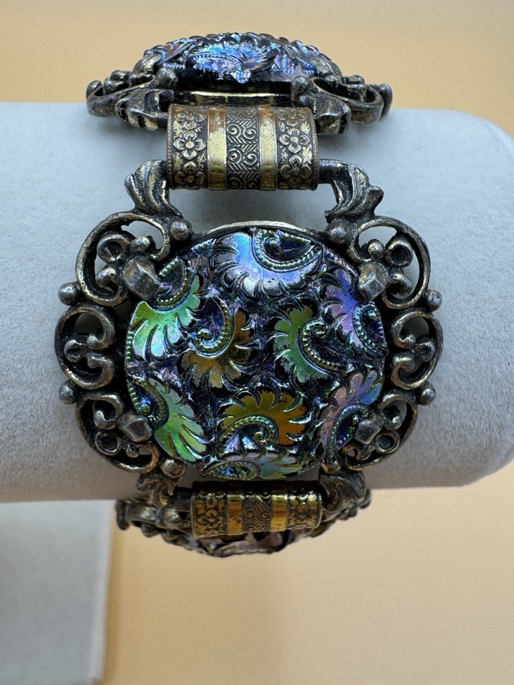 Vtg Judy Lee Peacock Carnival Art Glass Panel Bracelet Renaissance Revival