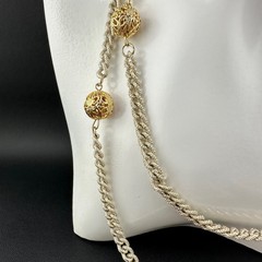 Vintage Chain Necklace Textured Gold Tone Filigree Station Ball Long Flapper 52″