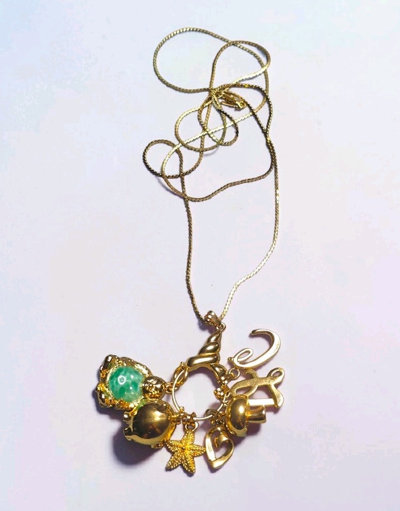 Vintage Signed Monet Gold Tone Charm Holder Necklace 30″ Monet Charms