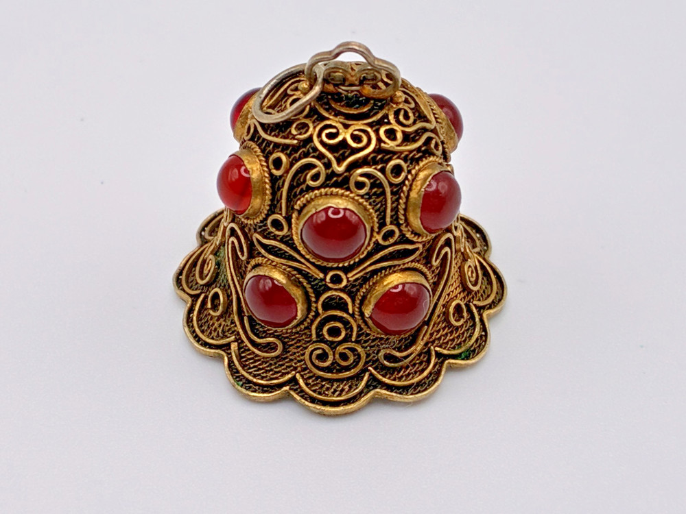 Antique Gold Vermeil Filigree Sterling Silver Carnelian Cabochon Bell Pendant