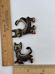 Antique Micro beaded black cat applique pins Brooch rhinestone eyes seed pearl