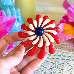 Vintage Red White Blue Enamel Flower Brooch Mid Century Atomic Starburst Pin