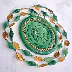 Rare Vintage Large Faux Jade LUCITE Medallion Pendant Necklace Carved—Hong Kong
