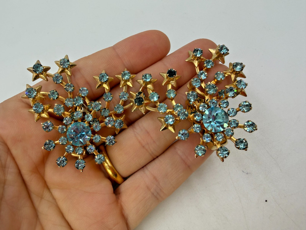 Vintage Earrings Clip On Signed Wirth Blue Star Spray Statement Climber PJ