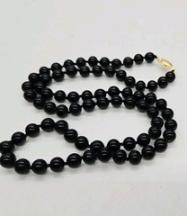 Black Glass Beaded Necklace Hand-Knotted MJ Signed Clasp Gold tone 26 in