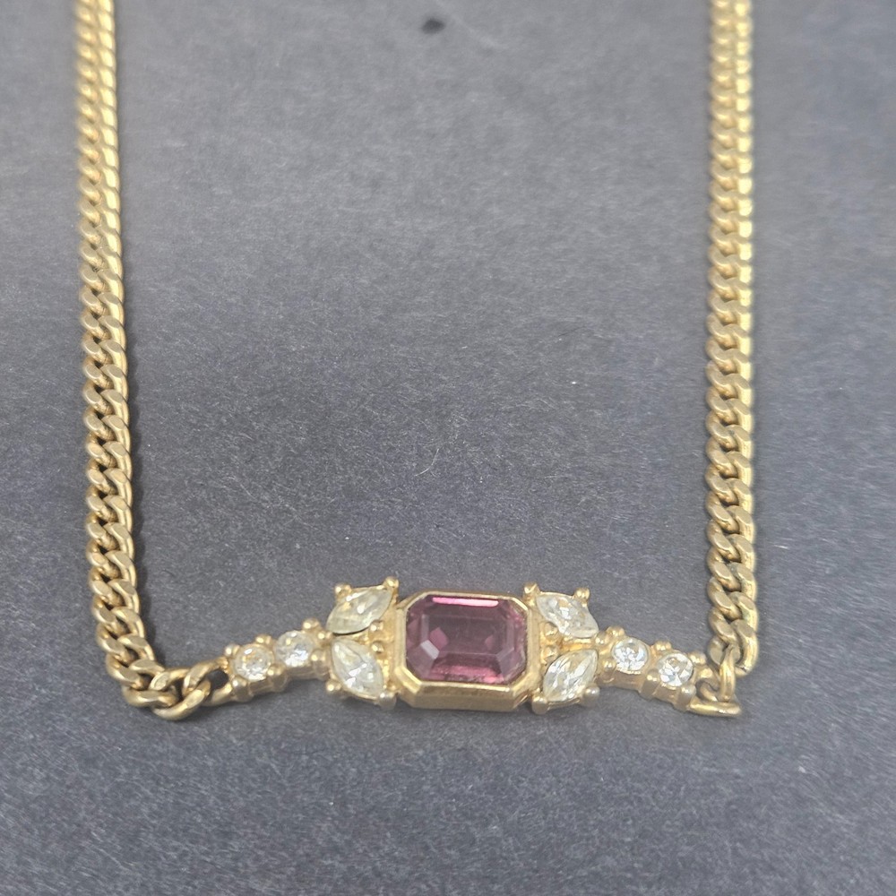Vintage Christian Dior Rectangle Purple Rhinestone Crystal Gold-plated Necklace