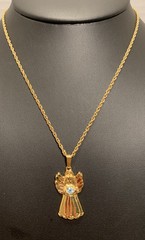 Beautiful Avon Vintage Gold Tone Angel With Blue Rhinestone Pendant Necklace