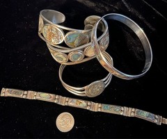 5 pc Vintage 60s 70s Alpaca Silver Mexico Abalone Cuff Bangle Panel Bracelet Lot