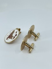 Mr Tara River boat cufflinks and tie clip set red gold white enamel 1″