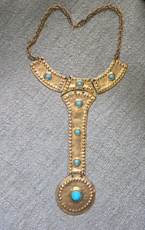 VTG Alexis Kirk Egyptian Revival Y-Pendant, Breast Plate statement Necklace 18″