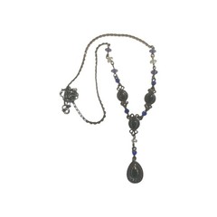 Vintage Avon SH Y Drop Necklace Y2K Gun Metal Blue Rhinestone