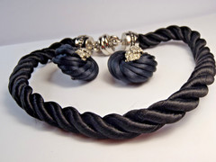 Vintage Twisted Black Cord Push Snap Lock Choker and Clip on Earring Set