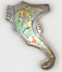 Vtg Mid-Century Seahorse Brooch Pin – Taxco Mexico Silver w/ Abalone Inlay