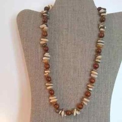 Vintage 70’s Natural Stone Chip & Wood Bead Necklace – 21 inches long