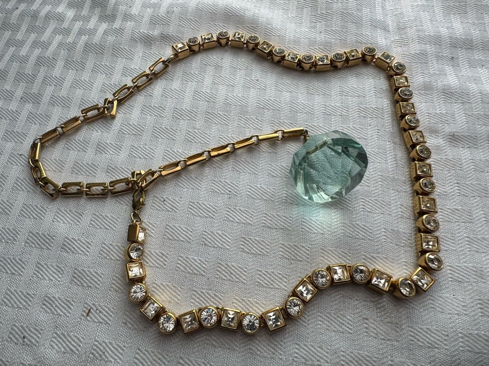 Vintage Gold Tone Aqua Rhinestone Necklace Large Faceted Glass Pretty Pendant