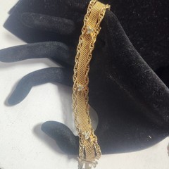 Vintage Gold Tone Mesh and Rope Chain Bracelet Blue Stone Accents 6.25 Inch