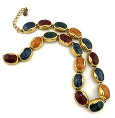 Vintage Gold Tone Multicolor Enamel Cabochon Link Necklace Adjustable 16-19″