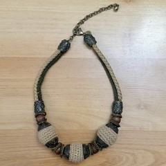 Chicos Necklace Boho Wooden Crocheted Beads Intricate Metal Woven Cord Vintage