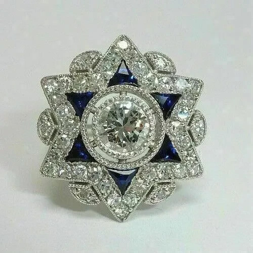 Art Deco Style Lab Created Diamond & Sapphire Wedding 14K White Gold Finish Ring