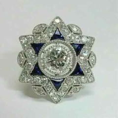 Art Deco Style Lab Created Diamond & Sapphire Wedding 14K White Gold Finish Ring