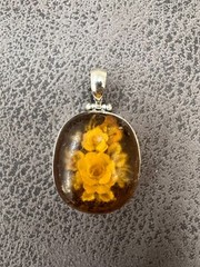 Vintage Baltic Amber Pendant Sterling Silver 925 Round Shape Flower