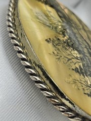 Vintage Russian ABA ’73 Hand-Painted Mother of Pearl Brooch Winter Scene Soviet