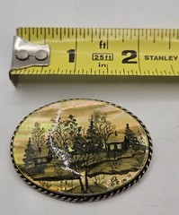 Vintage Russian ABA ’73 Hand-Painted Mother of Pearl Brooch Winter Scene Soviet