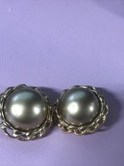 Vintage Signed Carol Lee Faux Pearl Cabochon Gold Tone Clip Earrings