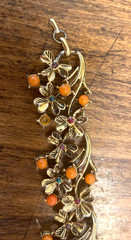 Vintage Gold Tone Floral Bracelet/Coral Color Beads/Red and Green Rhinestones