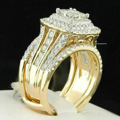 2Ct Princess Cut Real Moissanite Bridal Set Wedding Ring 14K Yellow Gold Finish