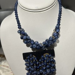 VINTAGE SET WEST GERMANY ART GLASS BLUE LAPIS WATERFALL EARRINGS NECKLACE
