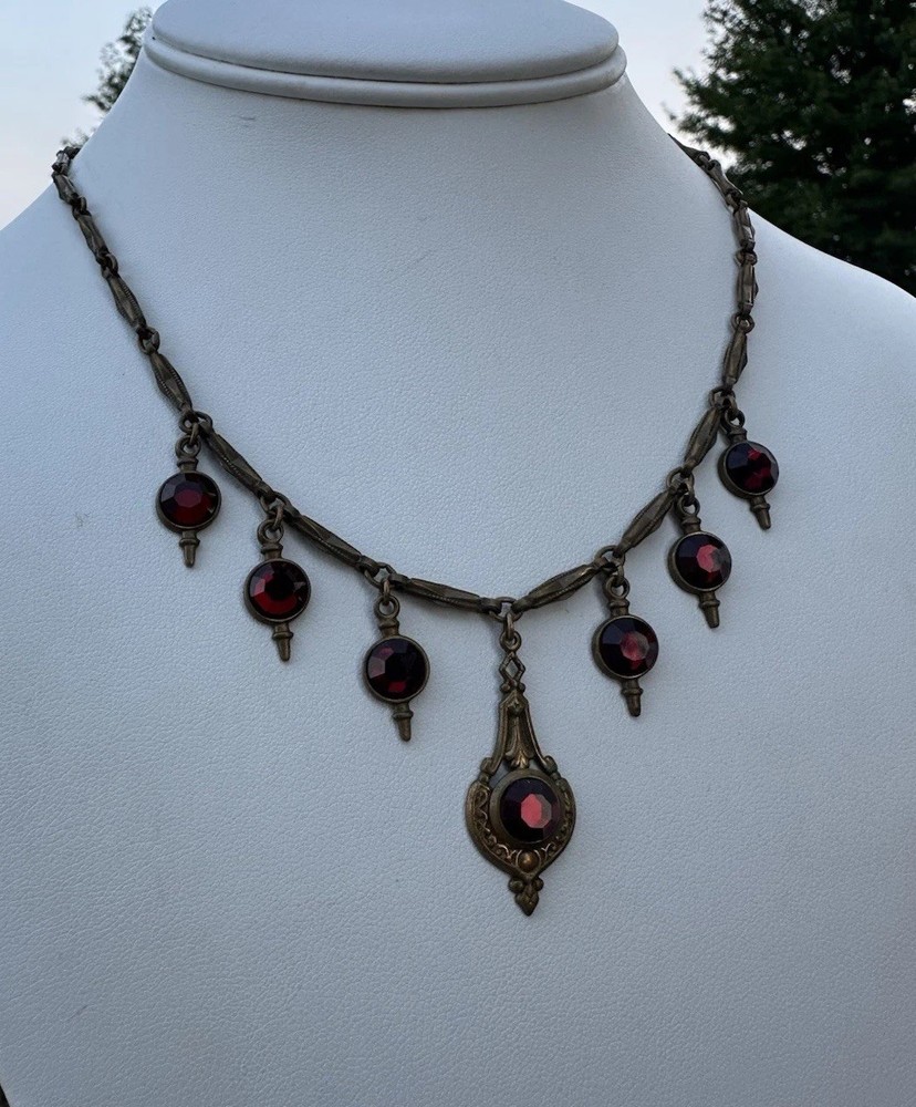 Antique 1930s Brass And Red Glass Festoon Style Necklace