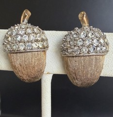 Lot Marvella Acorn Earrings Clear Rhinestone Gold & Unsigned Pearl Brooch!!