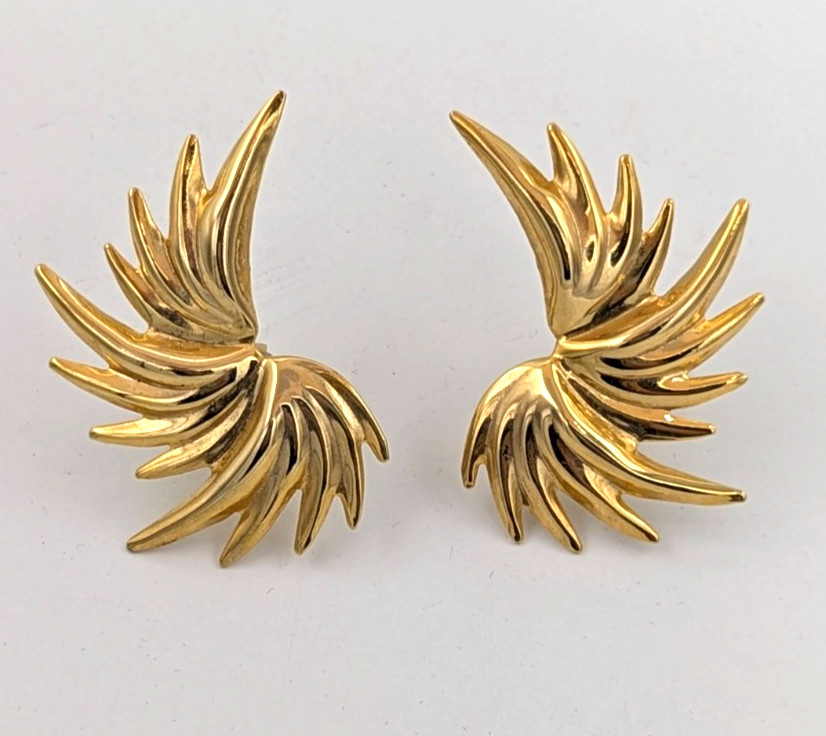 Vintage Gold Tone Angel Wing Clip On Earrings Atomic Starburst Ear Climber Fan